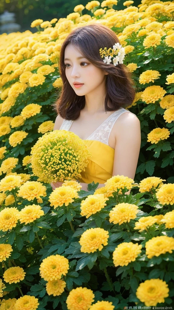 （lifelike， high resolution：1.3）， close up，Sense of story，Realism，Chinese aesthetics，On a chrysanthemum slope。Colorful chrysanthemums，It has a light aroma。Her posture is graceful，Full of mature charm。A wreath of chrysanthemums worn on the head，Blending with the surrounding chrysanthemums。The background is a sea of yellow and white chrysanthemums，Sparrows playing in the flowers，In the distance is a stream and a stone bridge。Elegant and warm colors，Depicts a story about the golden autumn years and harvest。