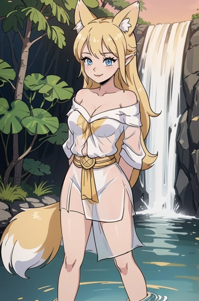 Beautiful 1girl, full body, solo, (very long waist length blonde hair, straight blonde hair: 1.28), ((light blue eyes)), clear skin, (large darker fox ears: 1.35), pale skin, medium breasts, cleavage, Loli, , (thin hips, thin waist , athletic body: 1.25), background, looking away, shy smile, revealing clothes, ((nsfw), wearing Priestess Lori See-through Robe of White and Red and Gold, Off Shoulder,: 1.5)), (arms behind head: 1.37), (tropical waterfalls, kneeling water: 1.15), 4k textures, soft light, elegant, highly detailed, sharp focus, soothing tones,