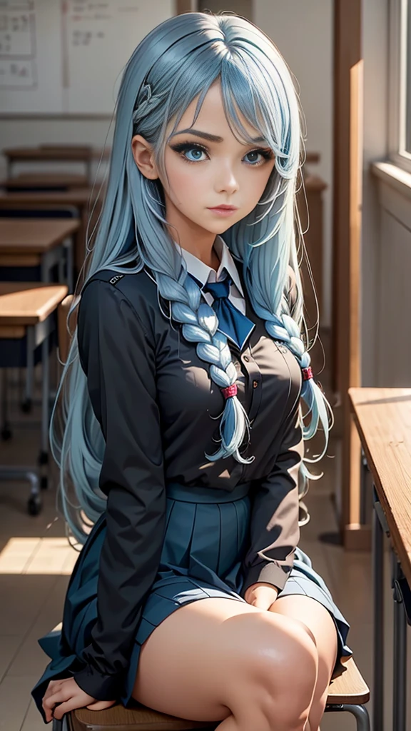 1girl, long light blue hair, dark blue, sit in class, black school modern uniform, anime