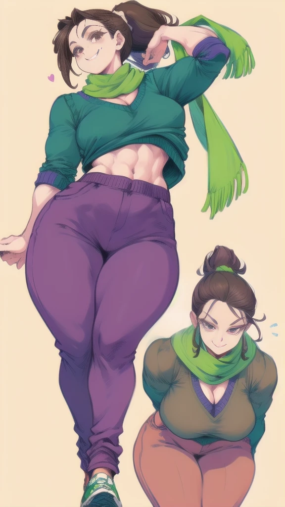 Full body image of Riley's Mom from Inside Out, full body in image, wearing her original outfit (purple sweater, brown pants, and green scarf), long brown hair in a ponytail, female body, curvy and athletic body, dynamic pose, detailed pose, simple background, expressive face showing a caring smile, focus on face, line art, sketch