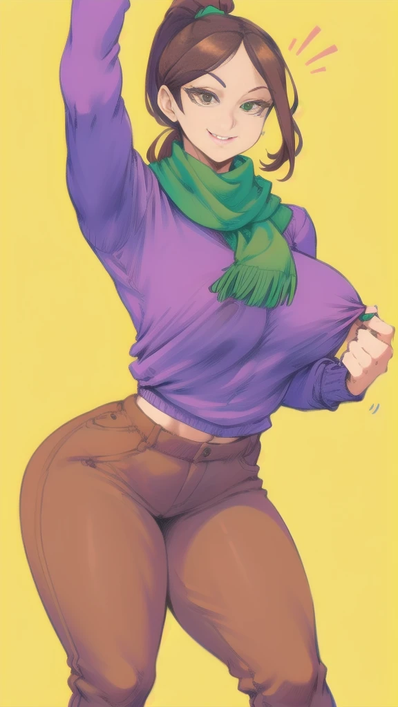Full body image of Riley's Mom from Inside Out, full body in image, wearing her original outfit (purple sweater, brown pants, and green scarf), long brown hair in a ponytail, female body, curvy and athletic body, dynamic pose, detailed pose, simple background, expressive face showing a caring smile, focus on face, line art, sketch