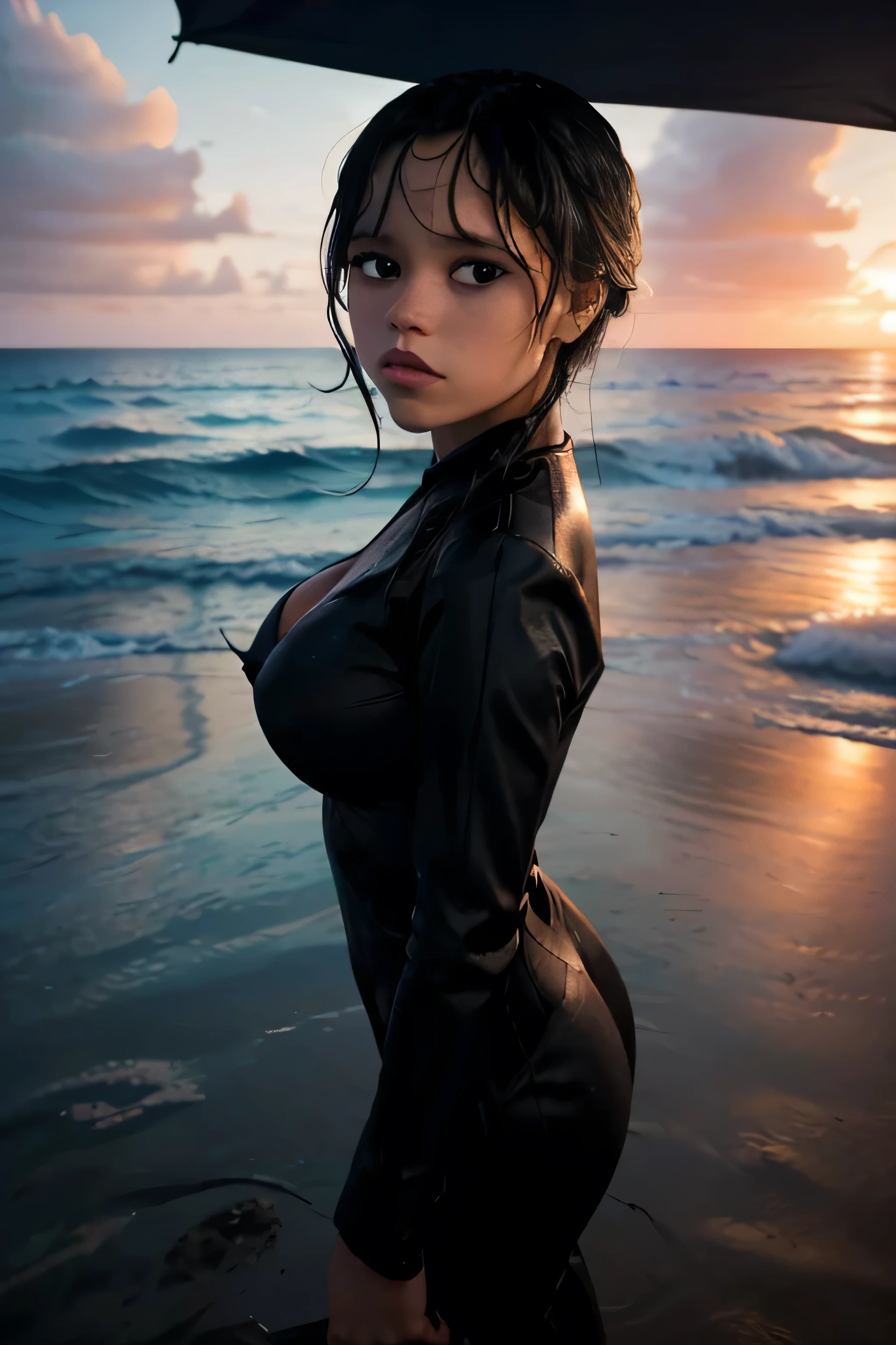 Jenna Ortega, 1girl, extremely detailed eyes and face, long eyelashes, beautiful detailed eyes, beautiful detailed lips, tight black clothing, walking on the beach with an umbrella, big breasts, ocean, sunset, dramatic lighting, photorealistic, 8k, highly detailed, masterpiece