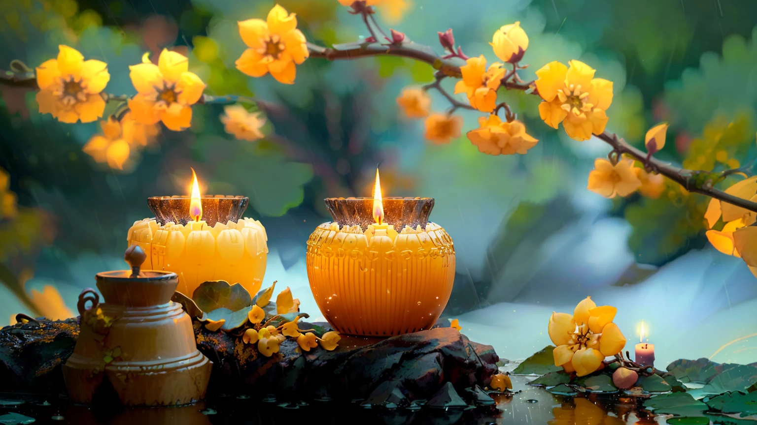 rain、there are two Candles that are sitting on a table, Peaceful atmosphere, Warm and beautiful scenery, Beautiful atmosphere, Peaceful atmosphere, glowing Candles, Yellow lantern, Beautiful atmosphere, Relaxed atmosphere, floating Candles, Peaceful landscape, Candles, Candlesライト, Blissful atmosphere, Warm and fun atmosphere, Serene landscape, Beautiful Wallpapers, High-resolution wallpapers, Very peaceful mood, lit Candles