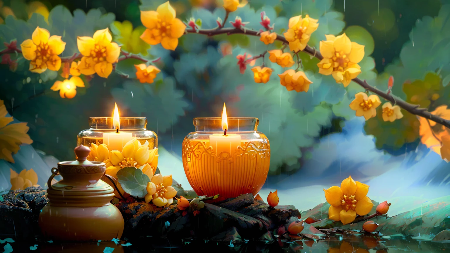 rain、there are two Candles that are sitting on a table, Peaceful atmosphere, Warm and beautiful scenery, Beautiful atmosphere, Peaceful atmosphere, glowing Candles, Yellow lantern, Beautiful atmosphere, Relaxed atmosphere, floating Candles, Peaceful landscape, Candles, Candlesライト, Blissful atmosphere, Warm and fun atmosphere, Serene landscape, Beautiful Wallpapers, High-resolution wallpapers, Very peaceful mood, lit Candles