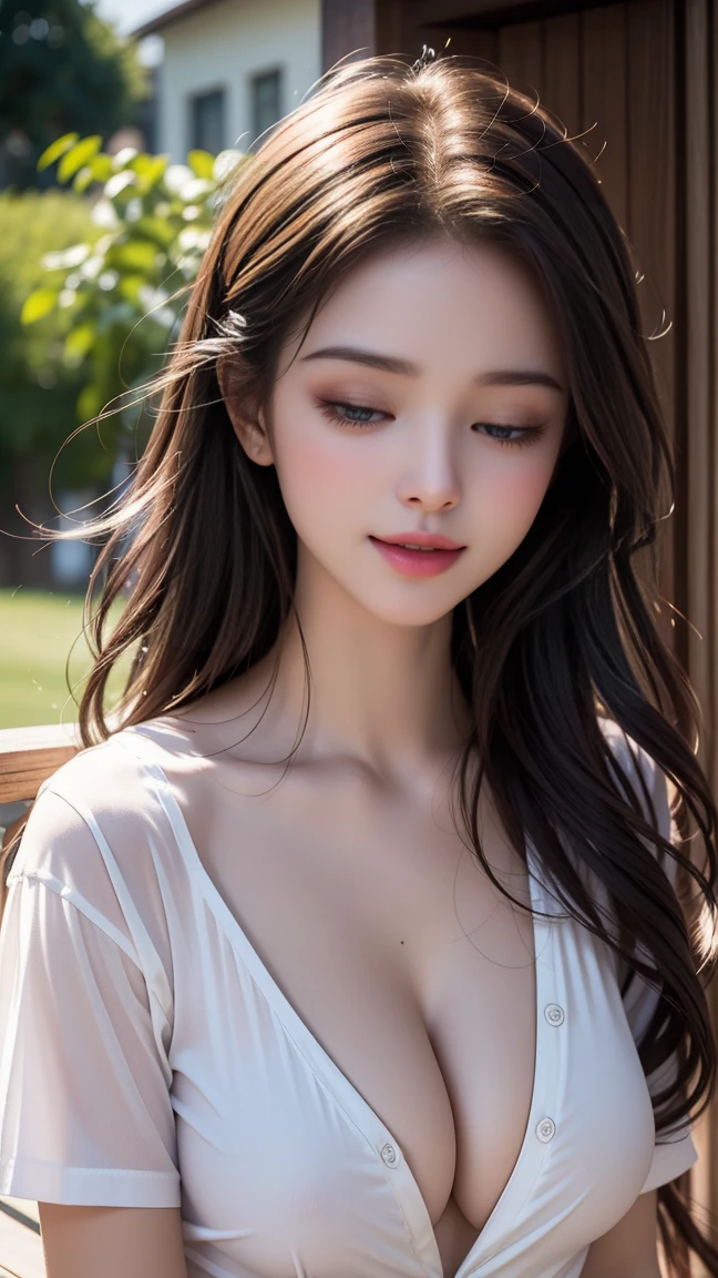 1girl, high quality face, detailed face, breasts, breasts outside, closed eyes, lips, medium breasts, nipples, open clothes, open shirt, parted lips, realistic, shirt, short sleeves, solo, upper body waves, 8k , masterpiece, high quality