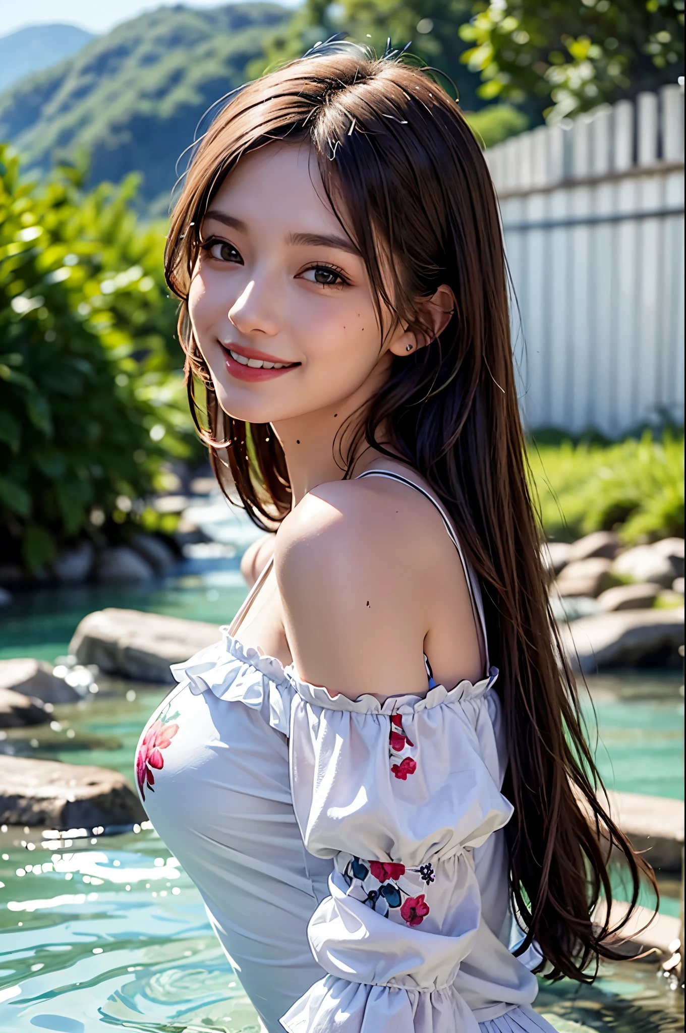 She is wearing a swimsuit with a white bikini design and a black hibiscus pattern printed on it. The swimsuit has frills and is very beautiful. It has a fluffy puff sleeve top design made of a see-through white material. While stroking my hair, Long Hair, Highest quality, masterpiece, Ultra-high resolution, (Realistic:1.4), RAW Photos, One Girl, Off the shoulder, Deep Shadow, Moderate, Golden Ratio, 20-year-old,Cute face, Slightly larger breasts, (head shot:1.5), Wet Hair, A clear river in the mountains, Realistic representation of water, Digital Art, Water Play, With a happy smile