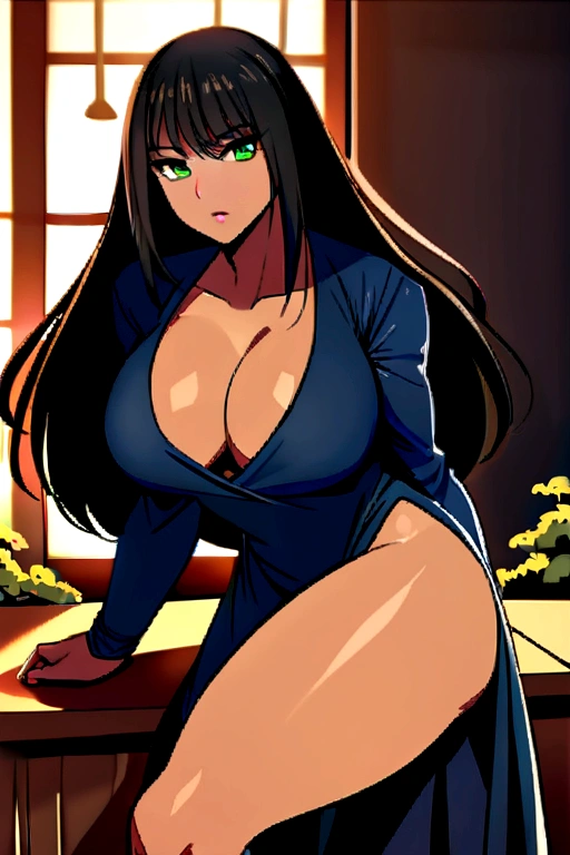Create the image of a woman, she has dark skin, greeneyes, long dark hair, a dark dress with a low neckline showing her large breasts, and a low-cut leg showing off your toned thighs, she has a muscular but normal body