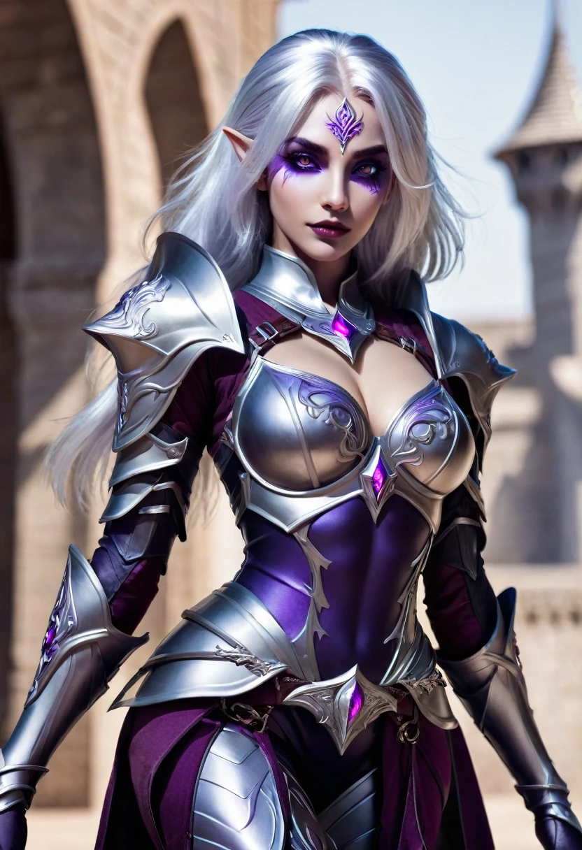 Beautiful female drow, beautiful face, nice body, purple eyes, silver hair, wearing armor, full-body