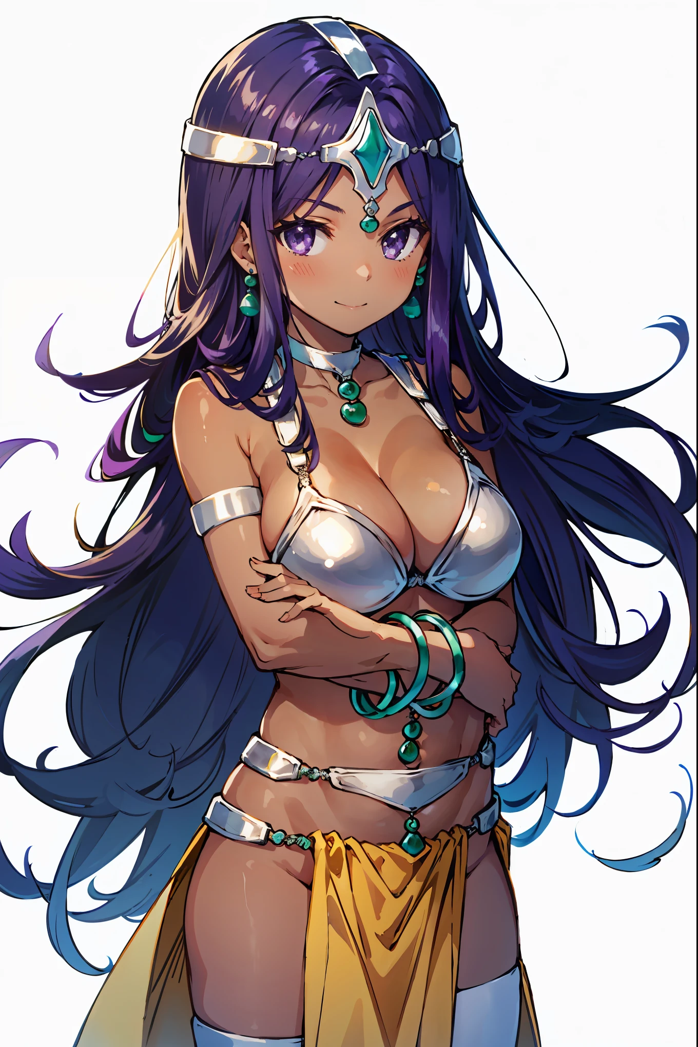1girl, solo, dqManya, white background, cowboy shot, purple hair, bikini, loincloth, large breasts, cleavage, soft stomach, circlet, earrings, choker, bracelet, armlet, closed mouth, smile, blush