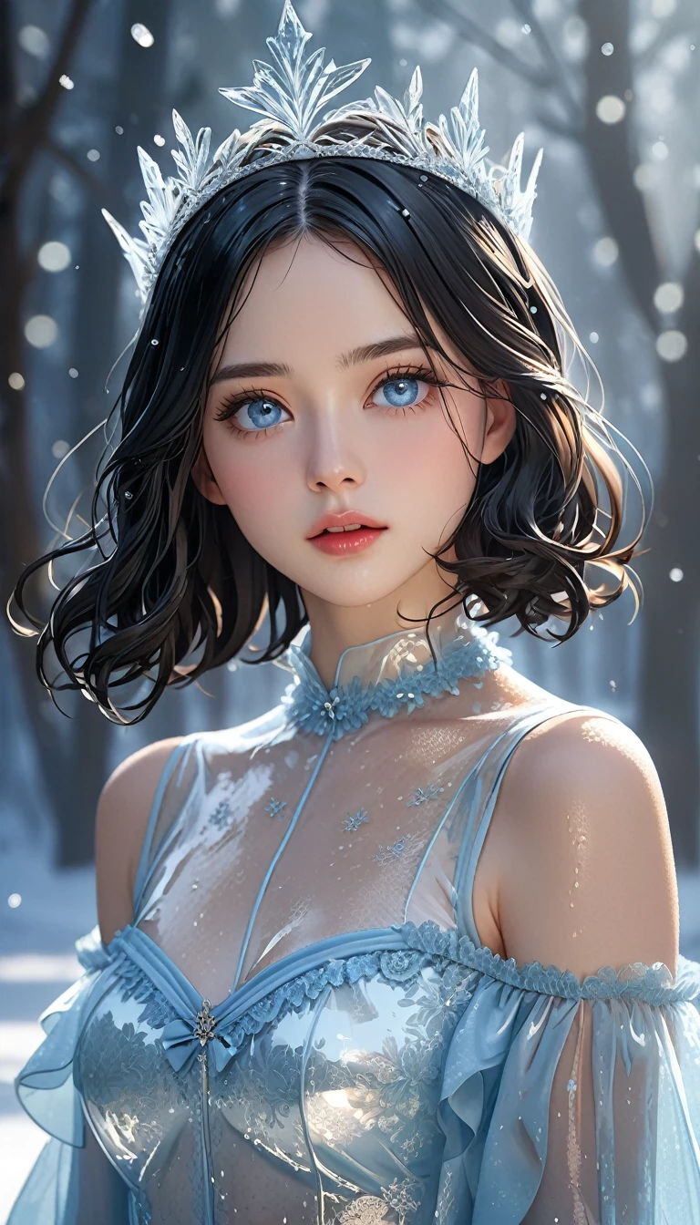 (((masterpiece))),best quality,illustration,8k wallpaper,UHD, high details,highres,16k,high quality,super detail,textured skin,accurate,anatomically correct,award winning,movie lighting,absurd,1 girl,(ice),tiara,in winter,(pale blue eyes),longeyelashes,pupils sparkling,(black hair),shiny hair,long bob hair style,medium hair,curls,transparent clothes,frills,lace,wet clothes,leave_Shoulder,hair tie,masterpiece,telephoto lens,absurd,Exquisite face,features,natural light,soft light,(Seven-part combination),epic,Dreamy and magical,mystery,

