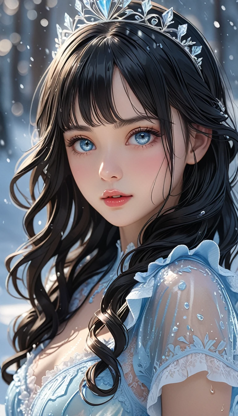 (((masterpiece))),best quality,illustration,8k wallpaper,UHD, high details,highres,16k,high quality,super detail,textured skin,accurate,anatomically correct,award winning,movie lighting,absurd,1 girl,(ice),tiara,in winter,(pale blue eyes),longeyelashes,pupils sparkling,(black hair),shiny hair,long bob hair style,medium hair,curls,transparent clothes,frills,lace,wet clothes,leave_Shoulder,hair tie,masterpiece,telephoto lens,absurd,Exquisite face,features,natural light,soft light,(Seven-part combination),epic,Dreamy and magical,mystery,