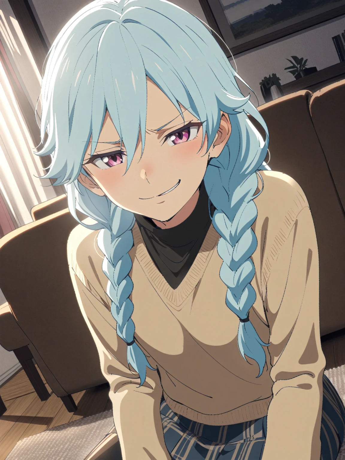 {{upper body, dutch angle}} {{Artist: sincos}} 1boy, mature male, light blue hair, long hair, braided hair, pink eyes, half-lidded, androgynous, sweater, skirt, indoors, living room, sitting, smirk, pov