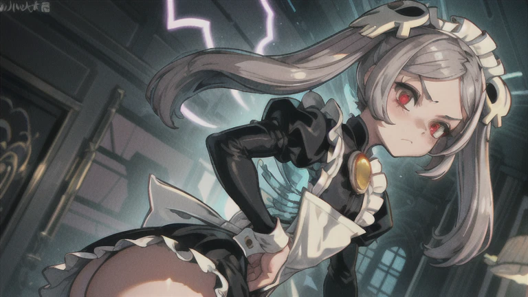 1boy, femboy, solo, indoors, whole body, skg_marie, maid, maid apron, maid headdress, twin tails, skull hair ornament, red brooch, juliet sleeves, light rays, glow, (masterpiece), curvy body, thick thighs, thick ass , hands on the hips, angry expression
