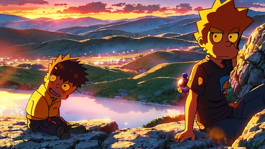 Bart Simpson, with its characteristic yellow skin that is a trademark of the characters in the series, is sitting relaxed on a mountaintop viewpoint. Their eyes, a pair of rounded black spheres, are facing the horizon where the sun sets gently behind the mountains. He has spiky hair, de cor amarela brilhante, and he&#39;s wearing his usual red t-shirt. Bart is represented in proportional size in the classic cartoon style of "Os Simpsons", with simple and expressive features that capture his mischievous and thoughtful personality at the same time.
