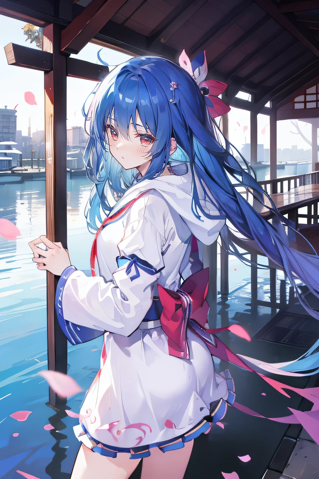 （masterpiece：1.2），Super detailed，lifelike，Expressive eyes，fair skin，perfect face shape，1 girl，
Japanese comics,Gorgeous blue hair,flowing blue hair,flowing clothes,Petals fall,beautiful lola,Baby Angel,
Shaking head with one hand，Cross your legs，Gentle and peaceful background，The pavilion is cool and comfortable,smile, wearing hoodie, background of tokyo,back views,snowing, winter,lie on the water. 