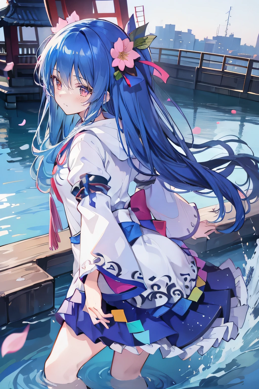 (masterpiece:1.2),Super detailed,lifelike,Expressive eyes,fair skin,perfect face shape,1 girl,
Japanese comics,Gorgeous blue hair,flowing blue hair,flowing clothes,Petals fall,beautiful lola,Baby Angel,
Shaking head with one hand,Cross your legs,Gentle and peaceful background,The pavilion is cool and comfortable,smile, wearing hoodie, background of tokyo,back views,snowing, winter,lie on the water.