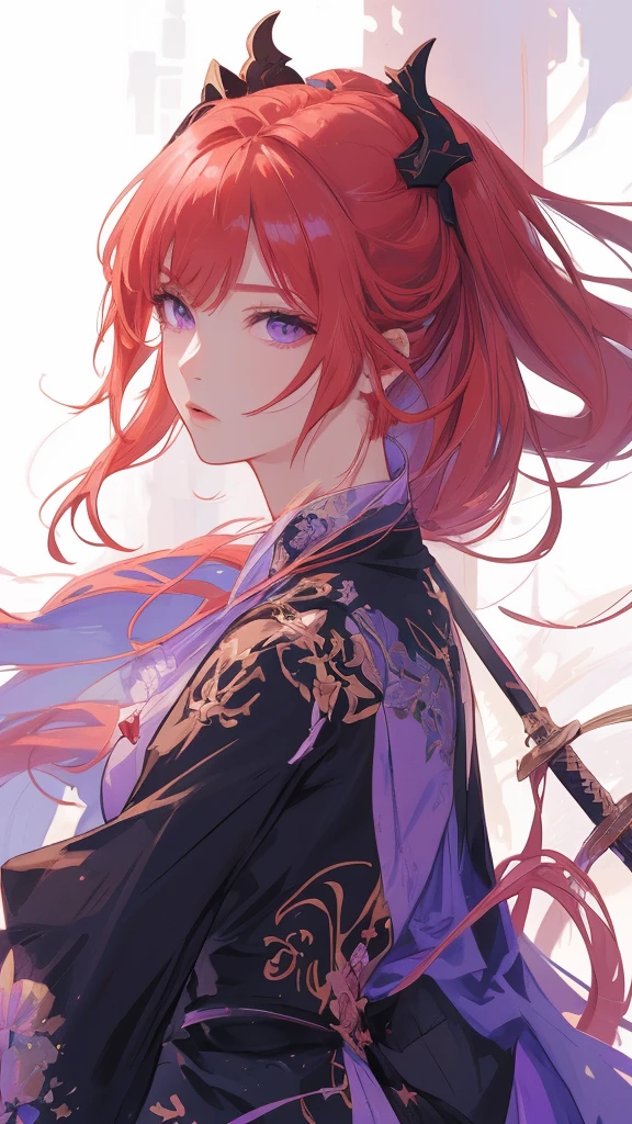 a close-up of a person with red hair and a sword, impacto de ayaka genshin, jogo ayaka impacto Genshin, keqing do impacto genshin, zhongli do impacto genshin, also, anime moe art style, genshin, cute anime waifu in a beautiful dress, female protagonist 👀 :8, demon slayer rui fanart, purple eye iris, ( black leagwear)