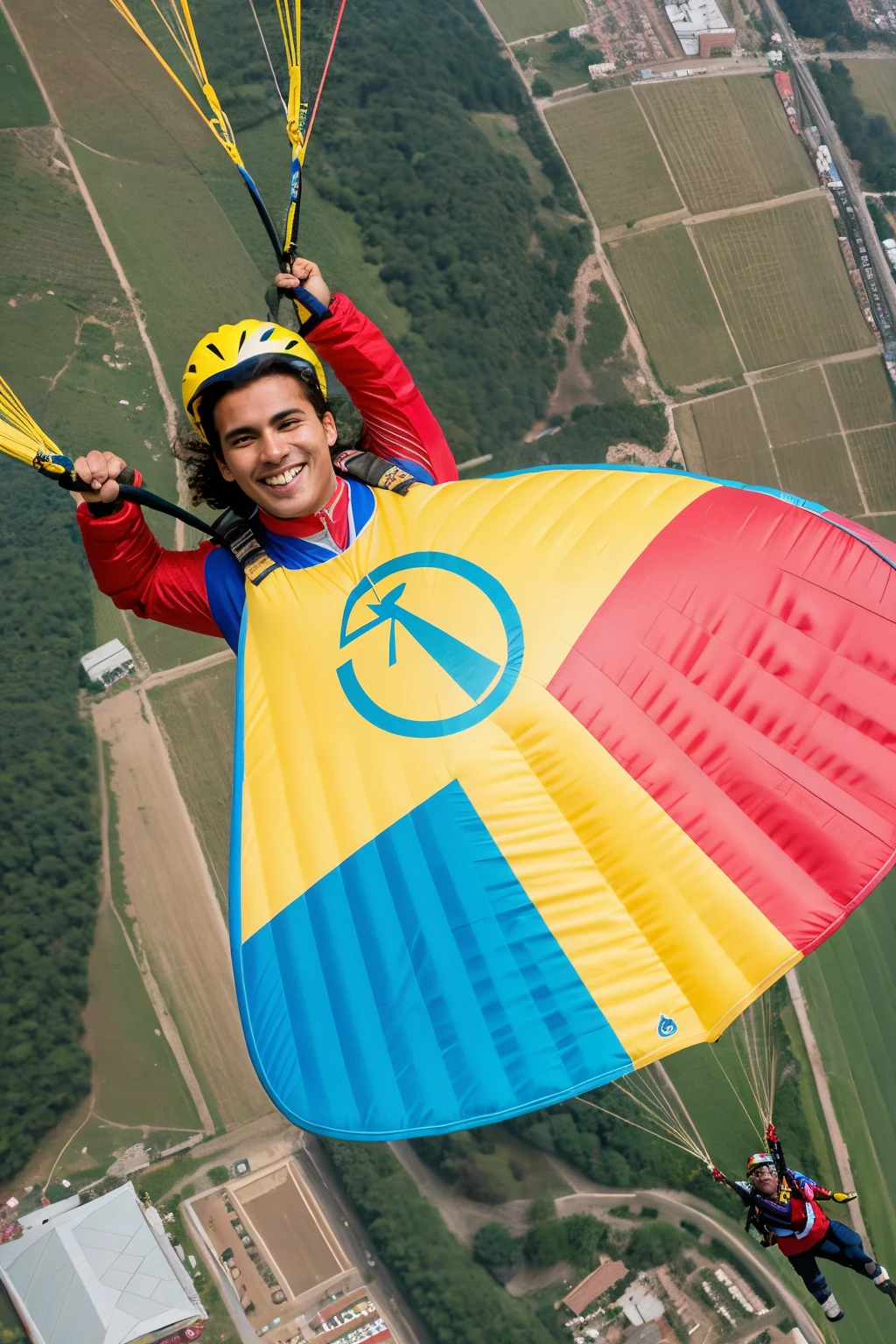 Paragliding with Copa America mascot with Colombia national team shirt,