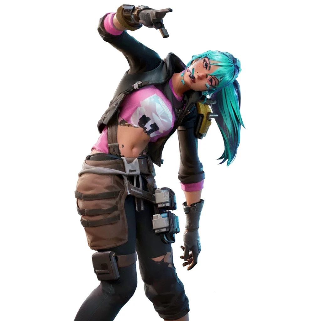 a closeup of a person with a gun and a pink shirt, fortnite character, fortnite skin, as a fortnite character, fortnite art style, In the Fortnite skin, teal skin, female main character, video game character, Fortnite Style, Official character art, female character, A skin, En Fortnite, pink iconic character, arms akimbo pose, tanned skin