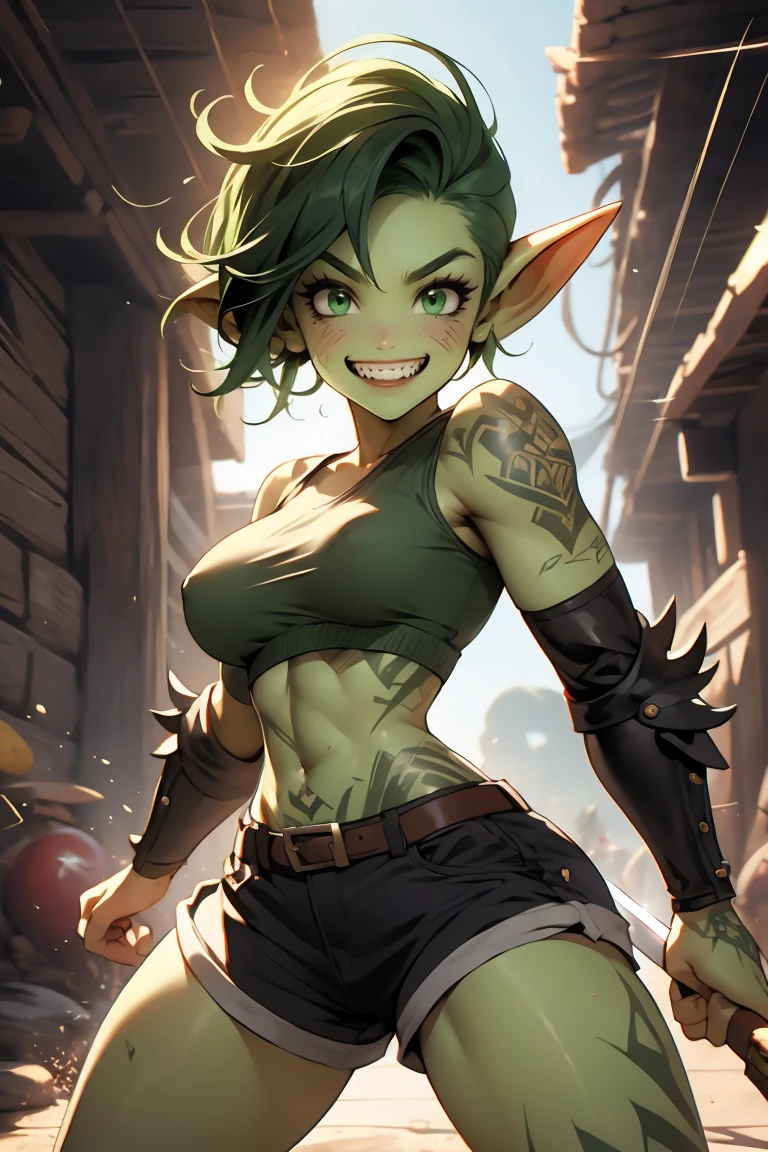 4k, extremely muscular goblin tomboy, brash, confident, light green skin, pointy ears, big grin, green eyes, short length messy green punk hair, very small breasts, many tattoos, face tattoo, sharp teeth, 1girl, solo, wearing black croptop, daisy duke shorts, leather armor, motion, motion blur, dynamic pose, action pose, cinematic, swinging a sword at a practice dummy, practicing, hitting hard, slashing, slicing, no bra, bouncing breasts