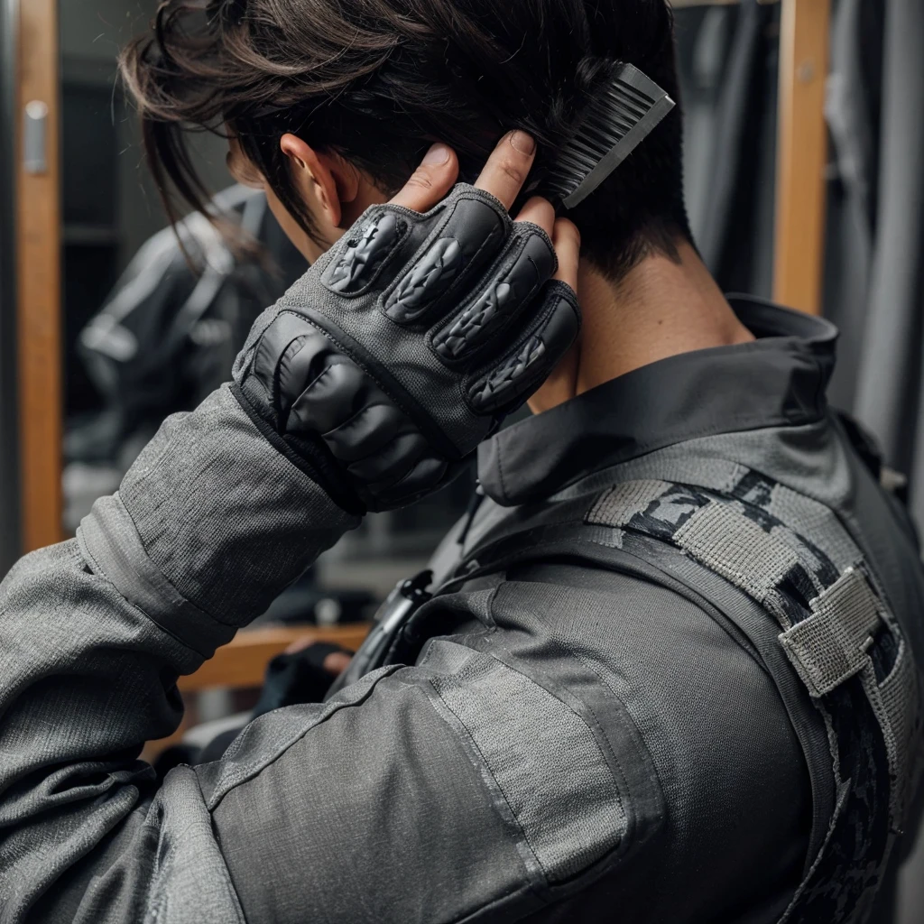 picture from behind, a man combing his hair, the man's hair is cut in side bangs, the man is wearing a gray paintball uniform, the background is blurry in a changing room, a paintball costume decorated in gray, realistic, cinematic, very detailed, intricate design