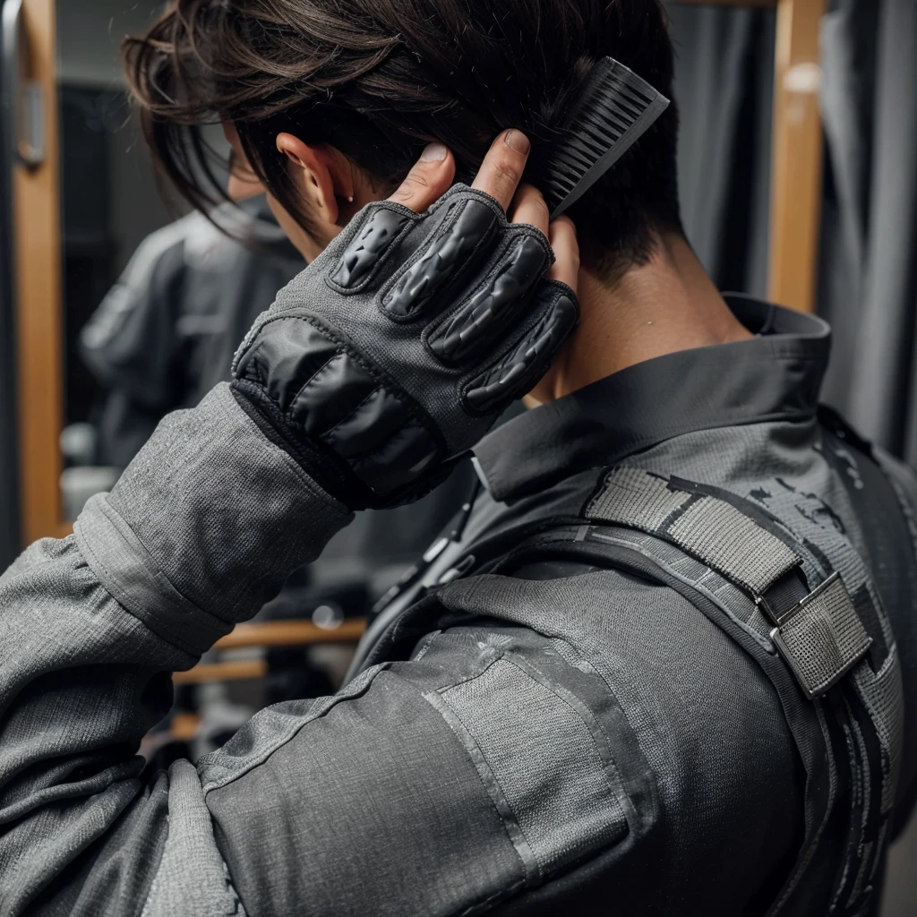 picture from behind, a man combing his hair, the man's hair is cut in side bangs, the man is wearing a gray paintball uniform, the background is blurry in a changing room, a paintball costume decorated in gray, realistic, cinematic, very detailed, intricate design