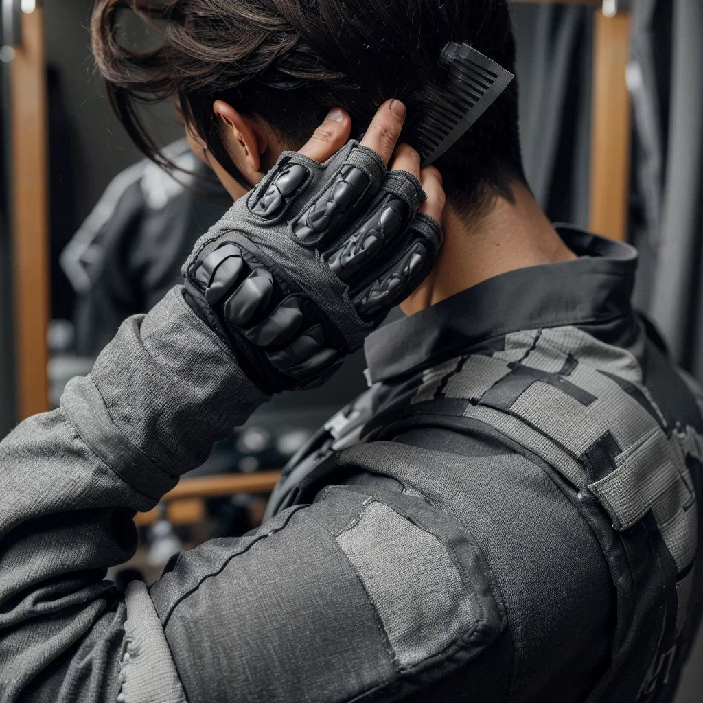 picture from behind, a man combing his hair, the man's hair is cut in side bangs, the man is wearing a gray paintball uniform, the background is blurry in a changing room, a paintball costume decorated in gray, realistic, cinematic, very detailed, intricate design