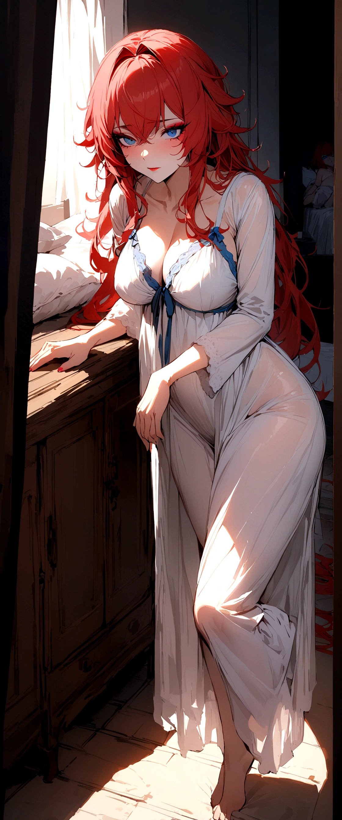 Masterpiece, Best Quality, high resolution, makeup gremory, 1 girl, wide, Red hair, He drowned, Blue eyes, large old, very wide, old, huge He drowned, bedroom, nightgown, wearing a nightgown