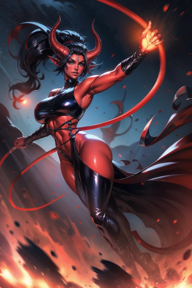 Red skin succubus tiefling, medium breasts, black horns, wings, huge tail, black leather, crop top, long flowing pelvic curtain, tall, toned, graceful, thin, long black ponytail. Action scene, whip. Dark scene, explosions, night sky.