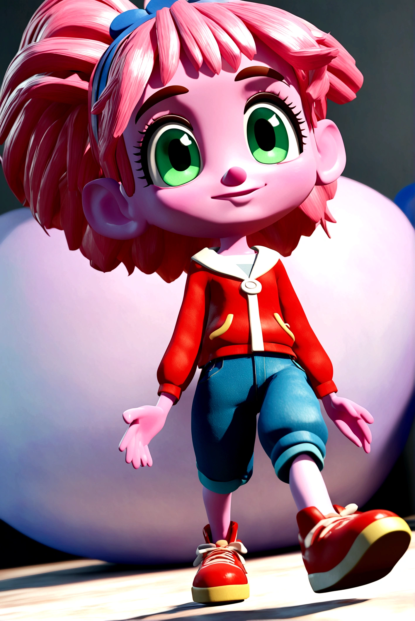 Emotion of love Disney Pixar style with pink skin pink hair pink aesthetic clothes green eyes red sneakers blue pants and good quality 3D style 