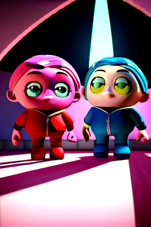 Emotion of love Disney Pixar style with pink skin pink hair pink aesthetic clothes green eyes red sneakers blue pants and good quality 3D style