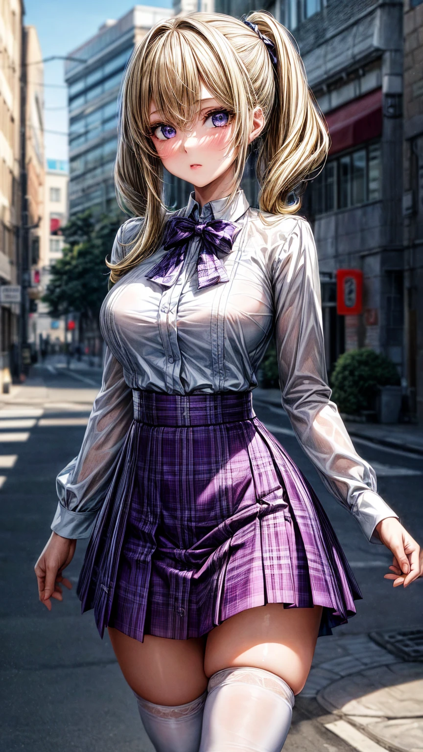 1girl,masterpiece,best quality,blonde hair,(ponytails),green eyes,(white stockings),(purple plaid skirt),short skirt,standing,in full length,medium breasts,white t shirt,in front of streets,extremely detailed,[[realistic]],beautiful alluring anime teen,seductive anime girl,waving skirt