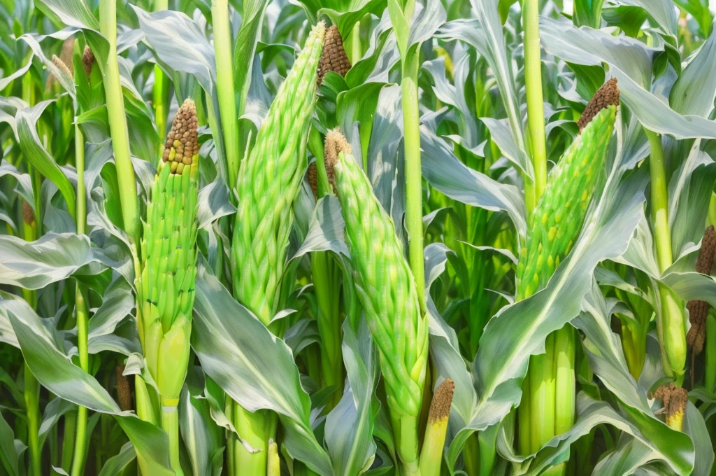 arafed corn stalks in a field with a sky background, Heavy grain quality, tall corn in the foreground, corn on a cob everywhere, corn, High Grain, corn floating in ocean, Wang Chen, HD lenses, corn chess board game, large cornicione, Proteus vulgaris, john redcorn, High-resolution images