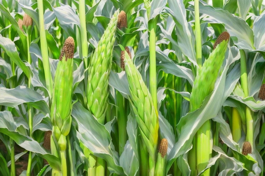 arafed corn stalks in a field with a sky background, Heavy grain quality, tall corn in the foreground, corn on a cob everywhere, corn, High Grain, corn floating in ocean, Wang Chen, HD lenses, corn chess board game, large cornicione, Proteus vulgaris, john redcorn, High-resolution images
