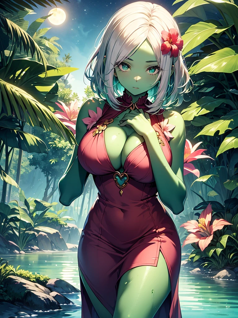 (masterpiece), best quality, expressive eyes, perfect face, (((ung woman))), (((solo))), breasts, (((cyan eyes))), (((lush tropical background))), (((white hair))), (((flushed face))), ((((((green skin)))))), (large breasts), (thick thighs), (((standing))), (((facing the camera))), (((hands behind))), (((long flowing hair adorned with green leaves and pink flowers))), (((revealing nature-themed outfit))), (((short sleeveless tight dress on the body))), (((clevage))), (((heart-shaped neckline))), which is also decorated with leaves and flowers. Little magical blue lights float around you, adding a mystical aura to the scene. In the background is a serene body of water, possibly a lagoon, surrounded by a variety of tropical plants and flowers under a moonlit sky. The setting suggests a tranquil and exotic location, possibly a fantasy setting.