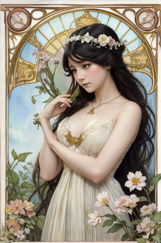 Depicts a beautiful woman with flowers in her hair、Highly detailed watercolor painting, The style of Alfons Maria Mucha and Gustav Kirmut, Art Nouveau accents, Fairy Princess, Anthropomorphic woman, Female figure, Detailed cover artwork, As the Flower Goddess, Alphonse Mucha, Gustav Klimt, Pale skin, Marble sculpture, society, Gothic art, Art Nouveau, Behance Contest Winner, black hair, Asian