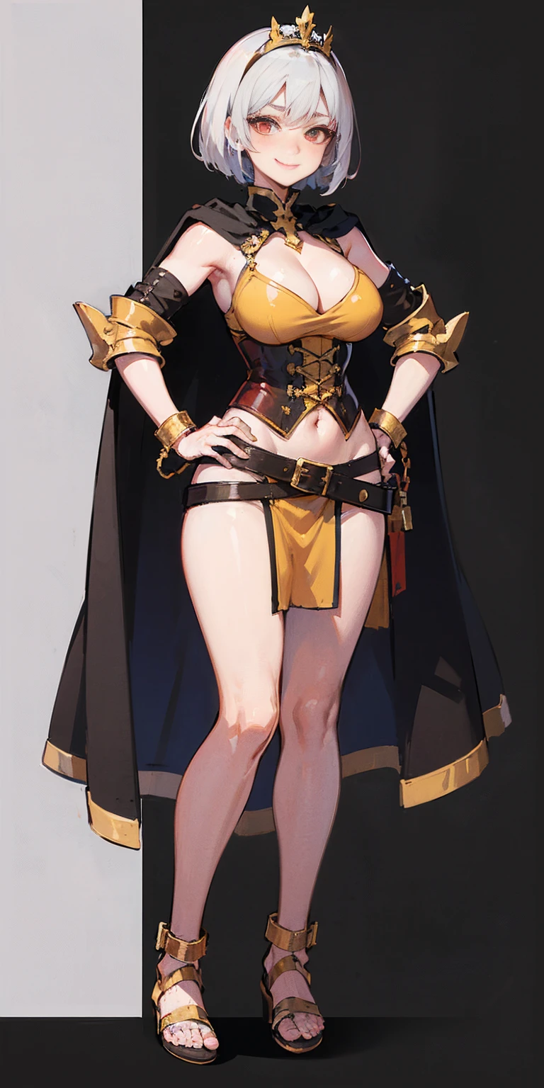 ((BLACK BACKGROUND 1:2, masterpiece)) 1solo female full body MILF BIMBO standing straight symmetrical with two long thighs and two metal sandals, red eyes like rubies, eye focus looking to the viewer, silver white hair, short bob style hair, big knockers breastplate, breastplate, cleavage, tiara royal, long cape up to two feet, yellow bikini (yellow tiger stripes), lustful smirking smiling, smile face (red blushed, red cheeks), pauldrons metal shoulders, gold sleeveless bracelets, separate sleeves, hands on waist hands OR hips, golden bracers, metal handcuffs, leather corset, red loincloth, black leather choker slave collar, shackles bracelets, slave red crest under navel, navel, big belt around waist OR hips, feet together, metal ankle, two long thighs and two metal sandals
