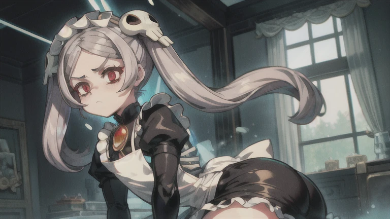 1girl, 1girl1boy, indoors, skg_marie, maid, maid apron, maid headdress, twin tails, skull hair ornament, red brooch, juliet sleeves, light rays, glow, (masterpiece), NSFW, thick thighs, big ass, imminent sex, wide hips, looking at the viewer 