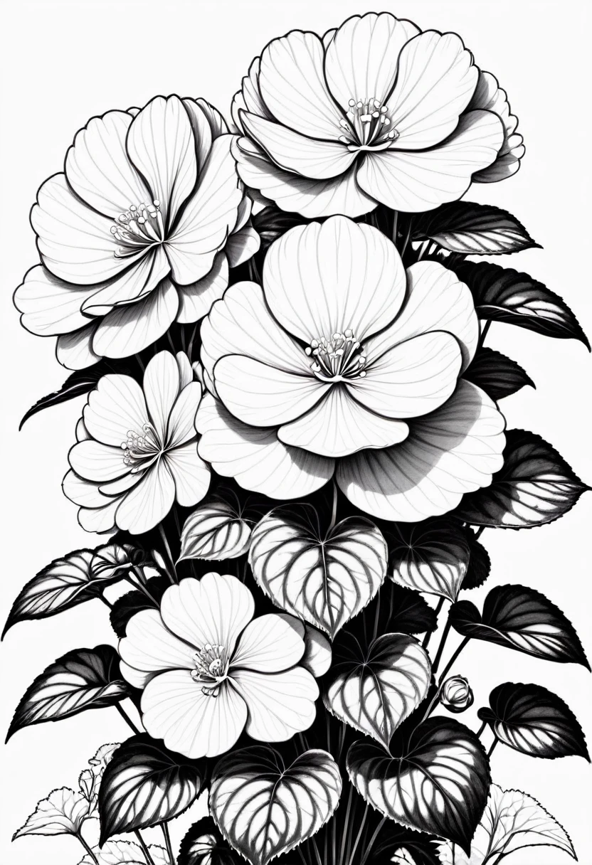 thin line drawing without shading and without black areas, begonia drawing, On white background, monochrome, black andwhite, no shadows, white background