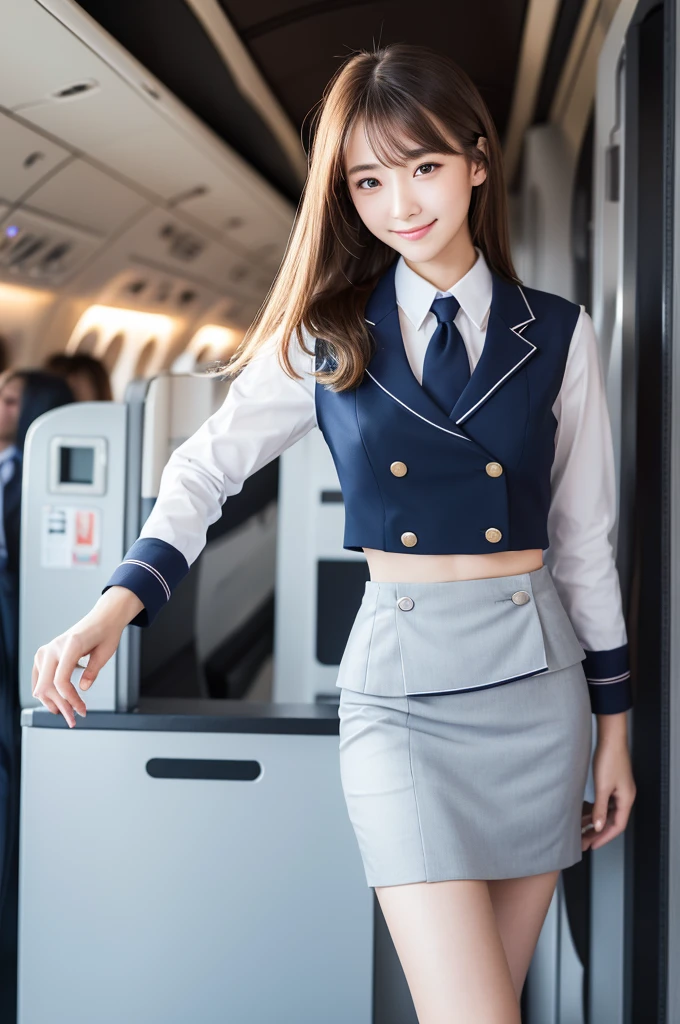 (8K, RAW Photos, Highest quality, masterpiece:1.2), Super detailed, Ultra-high resolution, (Realistic, Photorealistic:1.37), High-definition RAW color photos, Professional photos, Very delicate and beautiful, Very detailed, 8K壁紙, (Beautiful and detailed eyes)、(Beautifully detailed face),Anatomically correct body shape, Natural Light, From Above,(full body shot:1.22), woman、One person,Japanese、20-year-old, Blonde、Long Hair、 (A shy smile:1.3), Fine and beautiful skin、Skin Texture、 (Slim waist:1.2)、(E cup bust:1.21), (flight attendant suit and skirt,:1.25), Sharp focus、The background is a realistic airport