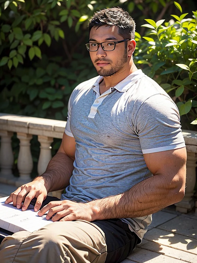 crew cut, (((full body))), (((landscape))), mature man, [slightly fat], asian man, rounded face, brown eyes, ((rounded face)), glasses, balding, 1boy, Solo, (big shoulders), musculature, (((stubbles, Short beard))), playing piano, polo shirt,