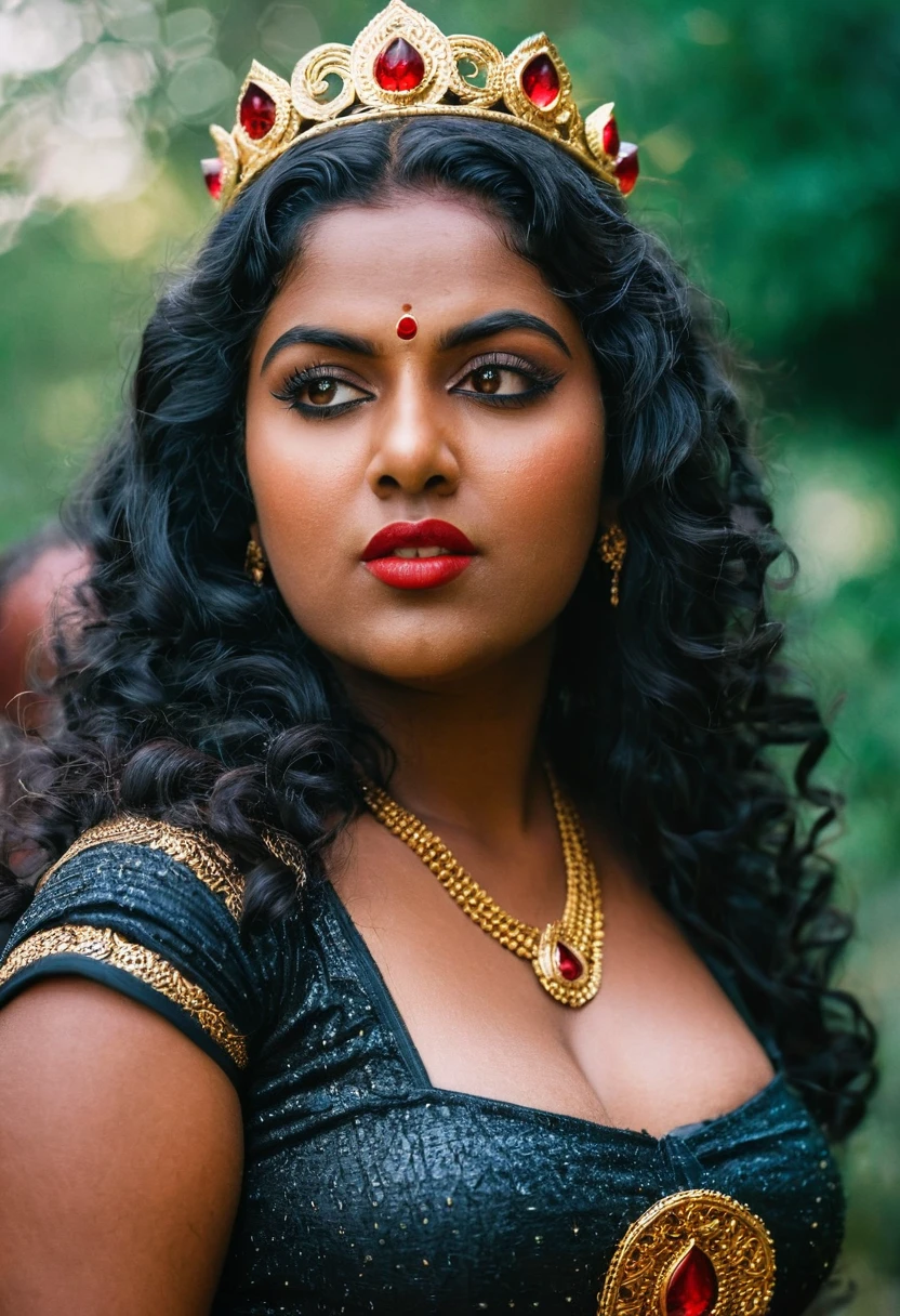 (((photo of a ancient kerala crowned temple goddess ))), (((black kali))) , (((Half Body))),   (((very dark skin))), (((age 18+))), (((plus size chubby tall))), (((huge busty milky wet big massive boobs))), (((nude thick thigh))), (((ancient black mini skirt))), ((black skin dark body)), (((red ornaments))), (((depth of field))), ((( flame bokeh))), (((rain))), ((( flashing light leaks))), (((divine))), photorealistic,photo, realism, Getty Images, RAW candid cinema, 16mm, colour graded portra 400 film, remarkable colour, ultra realistic, textured skin, remarkable detailed pupils, realistic dull skin noise, visible skin detail, skin fuzz, dry skin, shot with cinematic,light leaks, RAW Image, DOF, depth of field,bokeh,mylocalgirl