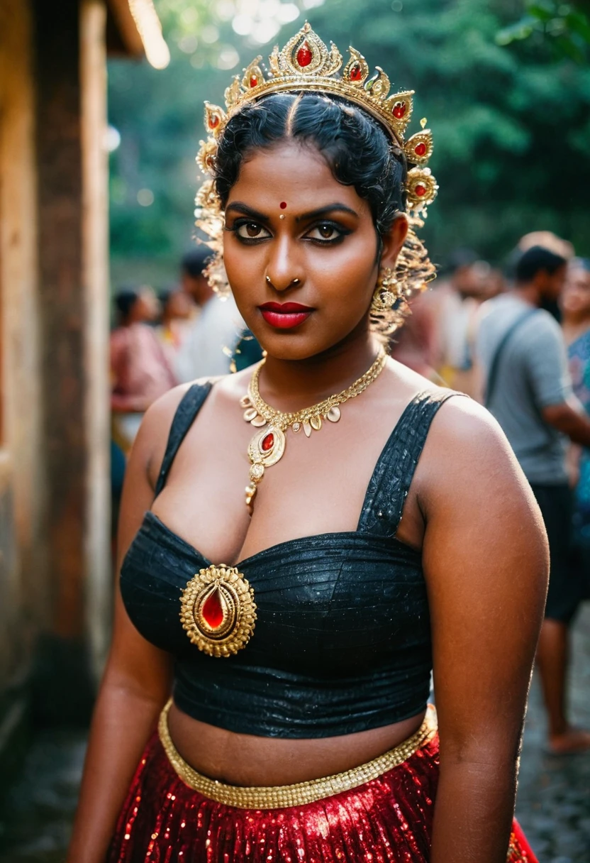 (((photo of a ancient kerala crowned temple goddess ))), (((black kali))) , (((Half Body))),   (((very dark skin))), (((age 18+))), (((plus size chubby tall))), (((huge busty milky wet big massive boobs))), (((nude thick thigh))), (((ancient black mini skirt))), ((black skin dark body)), (((red ornaments))), (((depth of field))), ((( flame bokeh))), (((rain))), ((( flashing light leaks))), (((divine))), photorealistic,photo, realism, Getty Images, RAW candid cinema, 16mm, colour graded portra 400 film, remarkable colour, ultra realistic, textured skin, remarkable detailed pupils, realistic dull skin noise, visible skin detail, skin fuzz, dry skin, shot with cinematic,light leaks, RAW Image, DOF, depth of field,bokeh,mylocalgirl