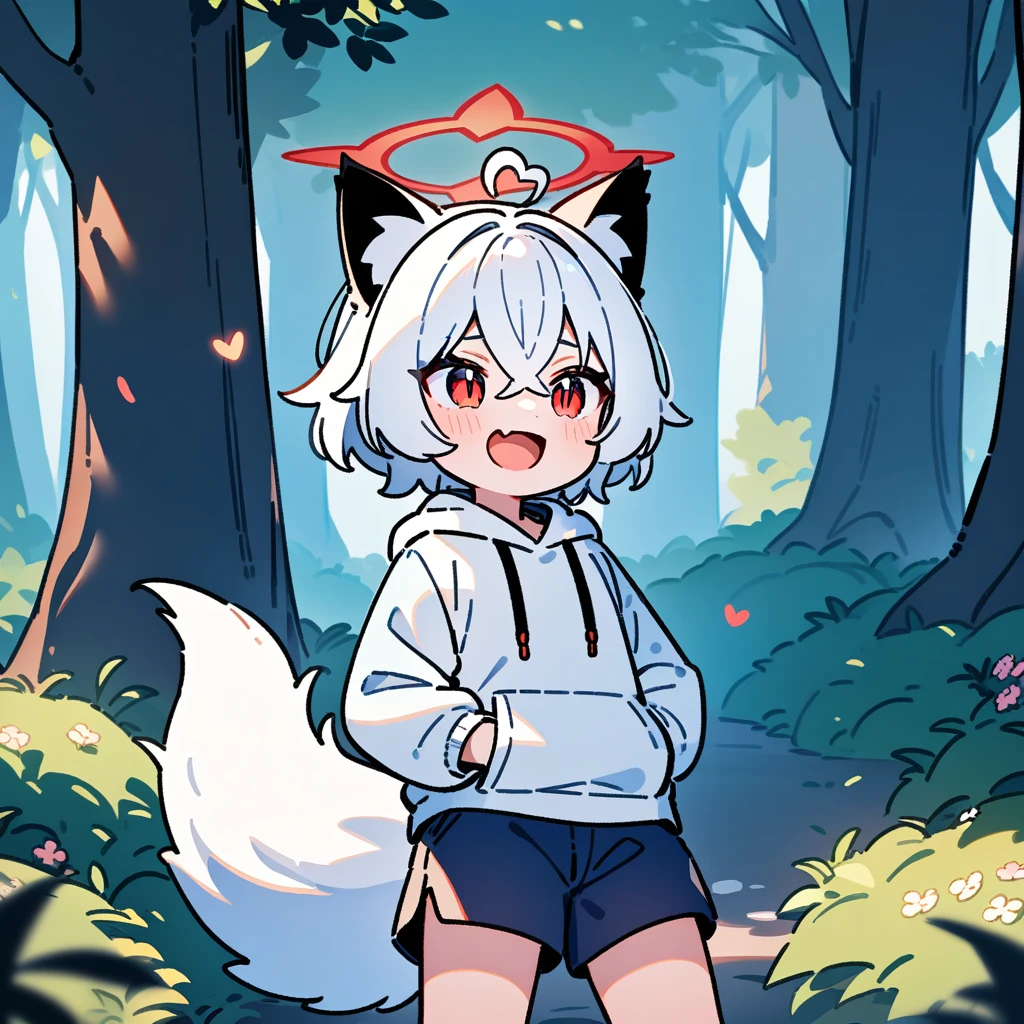 （masterpiece：1.2，high quality），8K，High resolution，A -year-boy，c boy，white hair，short hair，crossed bangs，red eyes，slit pupils，heart ahoge，black ears，cat ears，laughing，skin fang，red halo，Wearing a white hoodie，Dark blue shorts，Stand in the forest，There are flowering trees on both sides.，primary scho，fox tail，（Put your hands in your pockets），（（Put your hands in your pockets））