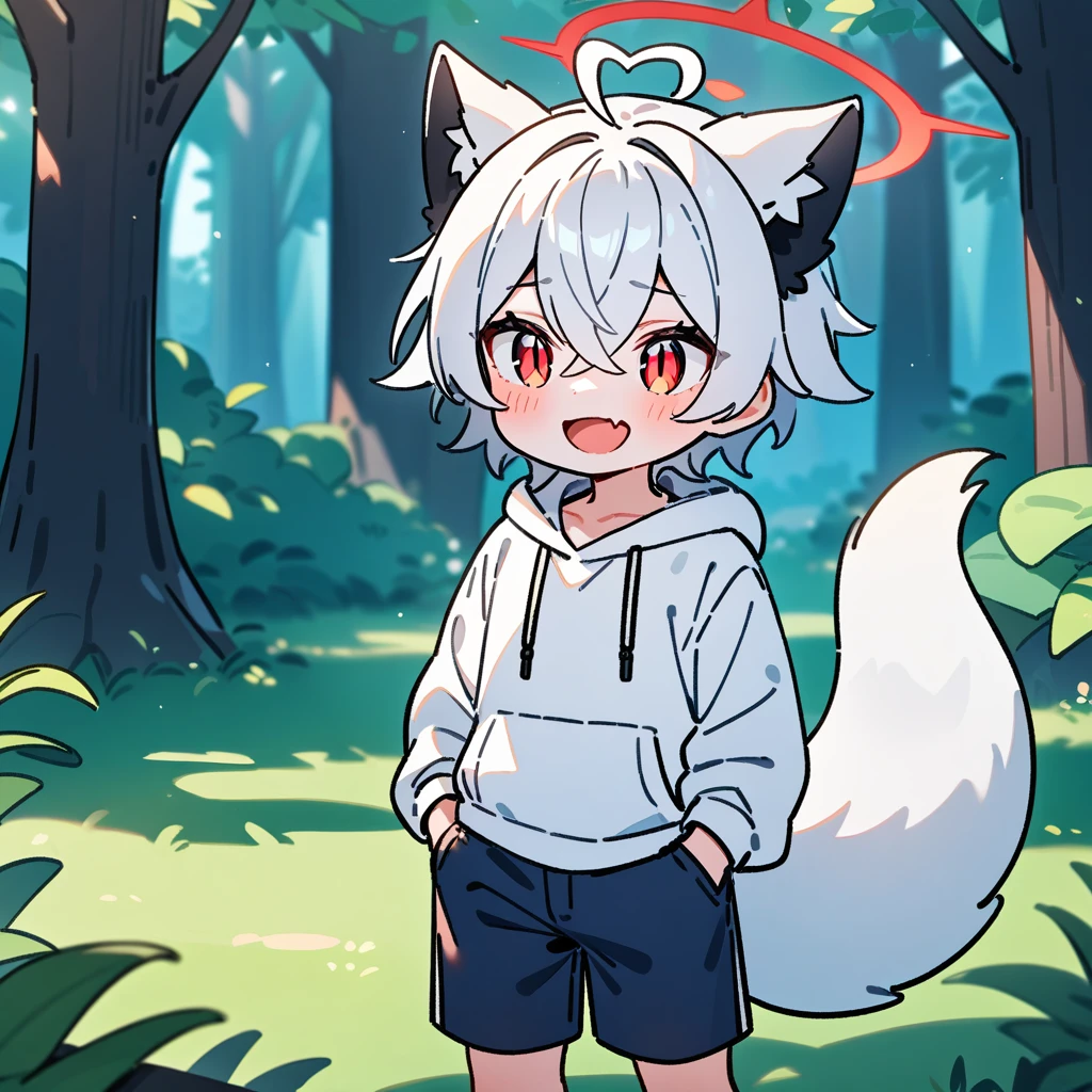 (masterpiece:1.2,high quality),8K,High resolution,A seven-year-old boy,cute boy,white hair,short hair,crossed bangs,red eyes,slit pupils,heart ahoge,black ears,cat ears,laughing,skin fang,red halo,Wearing a white hoodie,Dark blue shorts,Stand in the forest,There are flowering trees on both sides.,primary school student,thigh,alone,fox tail,(Put your hands in your pockets),((Put your hands in your pockets))