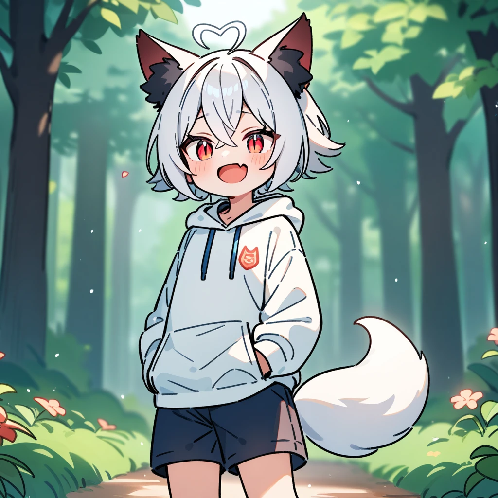 (masterpiece:1.2,high quality),8K,High resolution,A boy,cute boy,white hair,short hair,crossed bangs,red eyes,slit pupils,heart ahoge,black ears,cat ears,laughing,skin fang,red halo,Wearing a white hoodie,Dark blue shorts,Stand in the forest,There are flowering trees on both sides.,primary school student,thigh,alone,fox tail,(Put your hands in your pockets),((Put your hands in your pockets))
