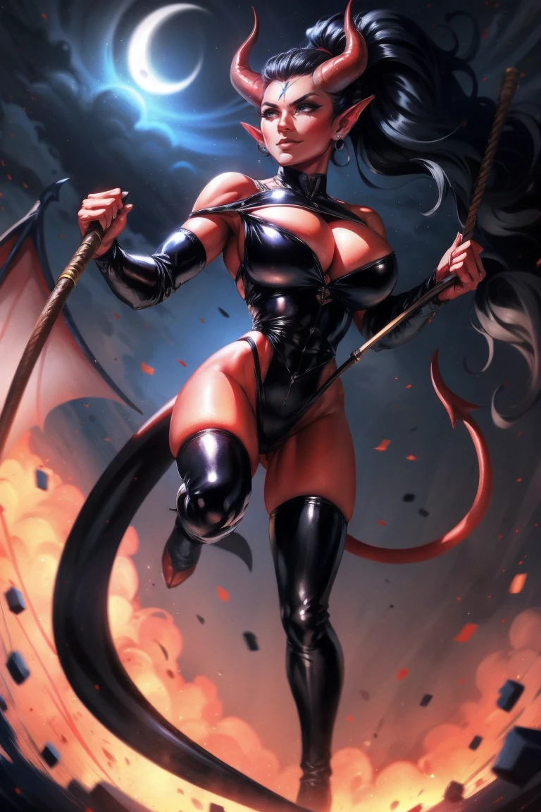 Red skin succubus tiefling, medium breasts, black horns, wings, huge tail, black leather, leotard, tall, toned, graceful, thin, long black ponytail. Action scene, whip. Dark scene, explosions, night sky.