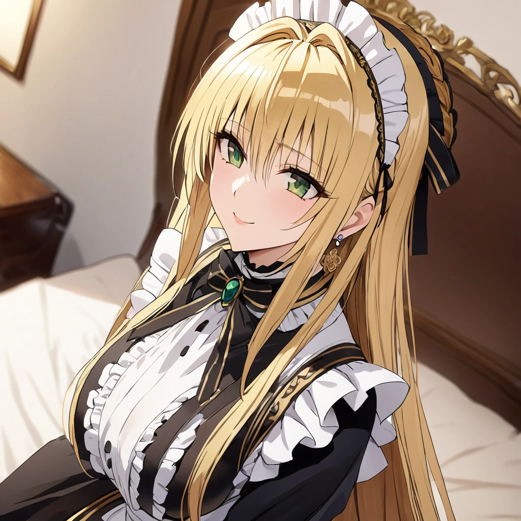 The luxurious and high-class Victorian maid outfit is evenly decorated with gorgeous gold embroidery and edging, and the blouse, apron, and headband also have gorgeous gold embroidery and edging.、((Highest quality)), ((masterpiece)), (detailed), (Perfect Face)、The woman is Tierre, with green eyes, medium-long blonde hair, a Victorian maid outfit and maid headband, jeweled earrings, and an engagement ring.、The woman is smiling fondly in a luxurious room、The Victorian maid uniform is a calm, old-fashioned type with long sleeves and a long skirt, decorated with luxurious gold embroidery and edging.、the woman is pregnant