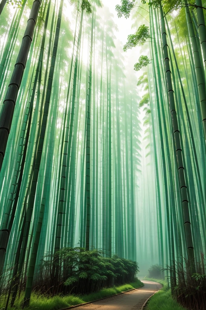 Green bamboo forest covered with mist