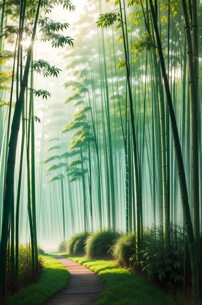 Green bamboo forest covered with mist